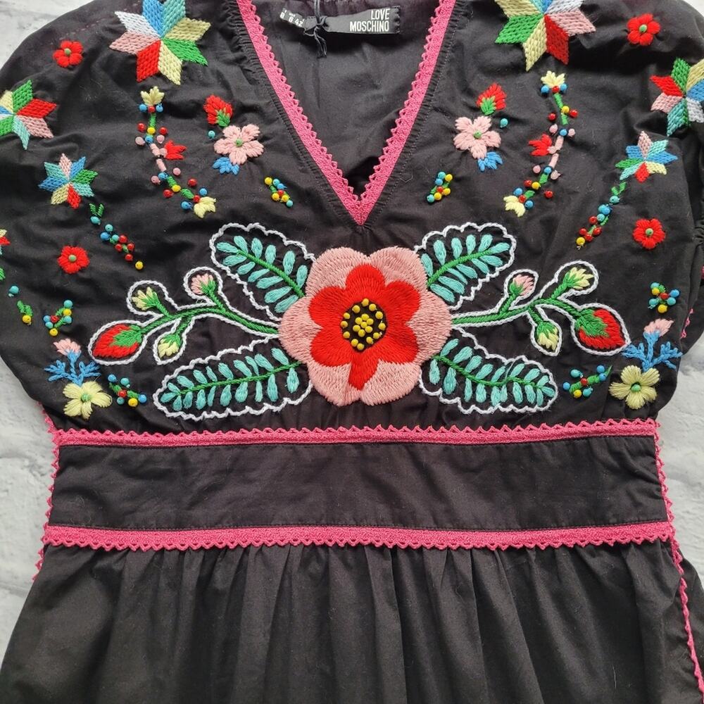 NWT Love Moschino Boho Embroidered Beaded Floral Black Dress Puff Sleeves size 6 - Picture 8 of 16